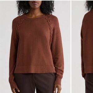 Adrianna Papell Rich Brown Crew Neck Sweater with Braided Detail